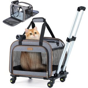 Lekebobor Transportador de mascotas con ruedas para perros y gatos pequeños, aprobado por aerolíneas con mango telescópico, transportador de perros y gatos, gris