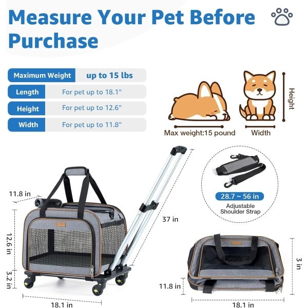 Lekebobor Transportador de mascotas con ruedas para perros y gatos pequeños, aprobado por aerolíneas con mango telescópico, transportador de perros y gatos, gris - Image 2