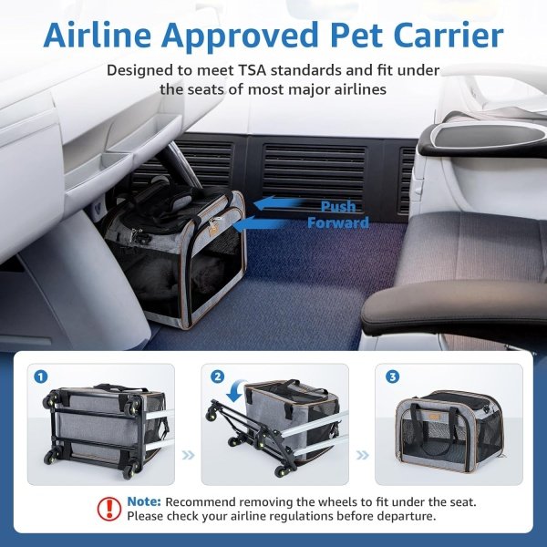 Lekebobor Transportador de mascotas con ruedas para perros y gatos pequeños, aprobado por aerolíneas con mango telescópico, transportador de perros y gatos, gris - Image 3