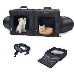 Jaula portátil para gatos con doble compartimento, cómoda jaula de viaje para el hogar y el gato, fácil de plegar y transportar, con bolsa de transporte portátil, dos hamacas/alfombrillas y