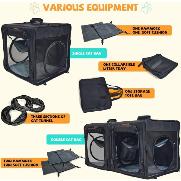 Jaula portátil para gatos con doble compartimento, cómoda jaula de viaje para el hogar y el gato, fácil de plegar y transportar, con bolsa de transporte portátil, dos hamacas/alfombrillas y - Imagen 3