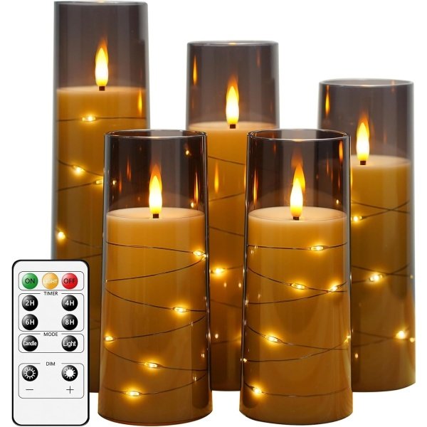 Velas LED sin llama con temporizador, 5 velas parpadeantes sin llama para ambiente romántico y decoración del hogar, carcasa acrílica estable, con cuerda de estrella incrustada, velas a pilas