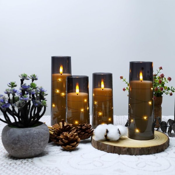 Velas LED sin llama con temporizador, 5 velas parpadeantes sin llama para ambiente romántico y decoración del hogar, carcasa acrílica estable, con cuerda de estrella incrustada, velas a pilas - Image 3