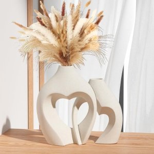 Jarrones blancos para decoración, juego de 2 jarrones de cerámica en forma de corazón, jarrones nórdicos en forma de corazón, jarrón decorativo minimalista para centro de mesa, boda, comedor,