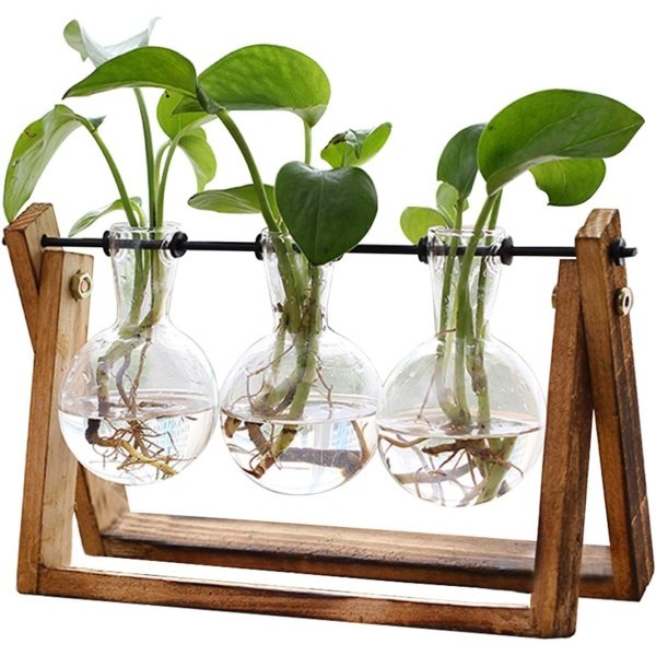 HUABEI - Terrario con soporte de madera para plantas, globo de cristal para maceta, jarrón giratorio de metal, soporte de mesa retro para hidroponía, para el hogar, jardín, oficina, decoración | Jarrón de 3 bombillas de cristal