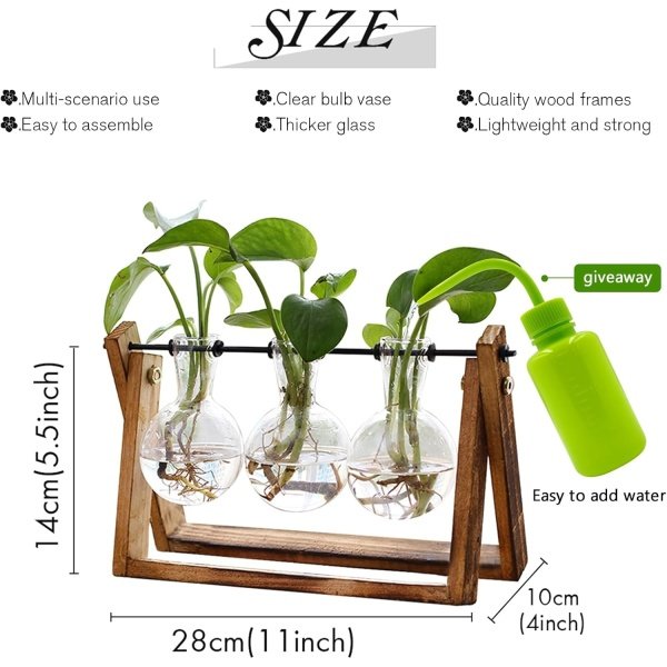 HUABEI - Terrario con soporte de madera para plantas, globo de cristal para maceta, jarrón giratorio de metal, soporte de mesa retro para hidroponía, para el hogar, jardín, oficina, decoración | Jarrón de 3 bombillas de cristal - Image 2
