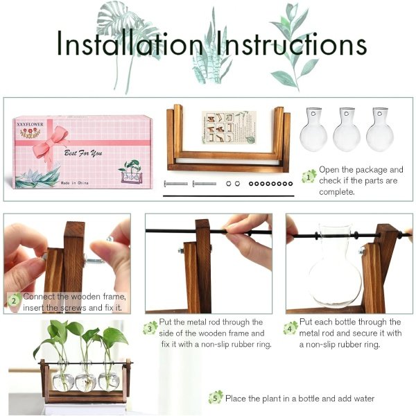 HUABEI - Terrario con soporte de madera para plantas, globo de cristal para maceta, jarrón giratorio de metal, soporte de mesa retro para hidroponía, para el hogar, jardín, oficina, decoración | Jarrón de 3 bombillas de cristal - Image 3