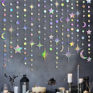 Kit de decoración de fiesta iridiscente con forma de estrella y luna, círculo, guirnalda de lunares y círculos de luna creciente y centelleante para niños, primer cumpleaños, Ramadán, EID, Mubarak,