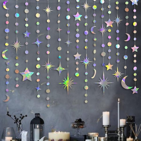 Kit de decoración de fiesta iridiscente con forma de estrella y luna, círculo, guirnalda de lunares y círculos de luna creciente y centelleante para niños, primer cumpleaños, Ramadán, EID, Mubarak,