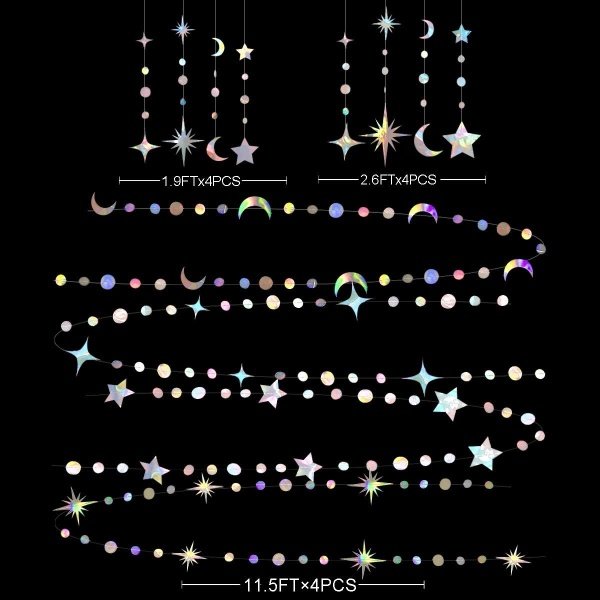 Kit de decoración de fiesta iridiscente con forma de estrella y luna, círculo, guirnalda de lunares y círculos de luna creciente y centelleante para niños, primer cumpleaños, Ramadán, EID, Mubarak, - Image 2