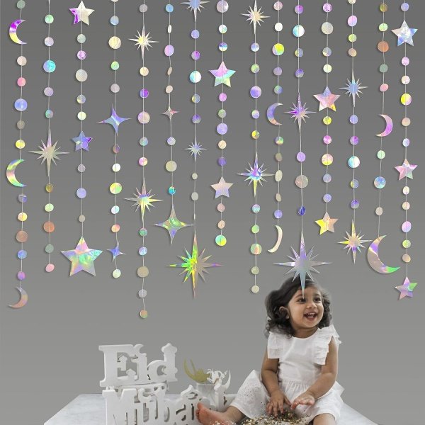 Kit de decoración de fiesta iridiscente con forma de estrella y luna, círculo, guirnalda de lunares y círculos de luna creciente y centelleante para niños, primer cumpleaños, Ramadán, EID, Mubarak, - Image 3