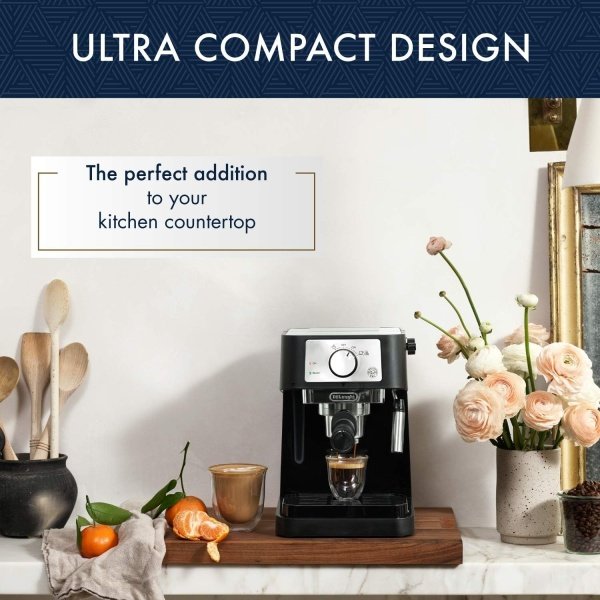 De'Longhi Stilosa - Máquina manual de café expreso, máquina para café con leche y capuchino, bomba de presión de 15 bar + espumador de leche, varita de vapor, color negro / inoxidable, EC260BK, 13.5 x - Image 2