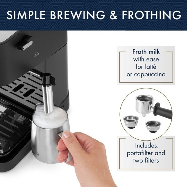 De'Longhi Stilosa - Máquina manual de café expreso, máquina para café con leche y capuchino, bomba de presión de 15 bar + espumador de leche, varita de vapor, color negro / inoxidable, EC260BK, 13.5 x - Image 3