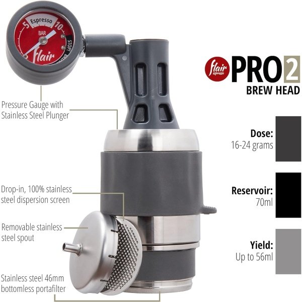 Flair Espresso Maker PRO 2 (Negro) - Una máquina de café expreso con palanca manual con cabezal de infusión de acero inoxidable y manómetro - Image 2