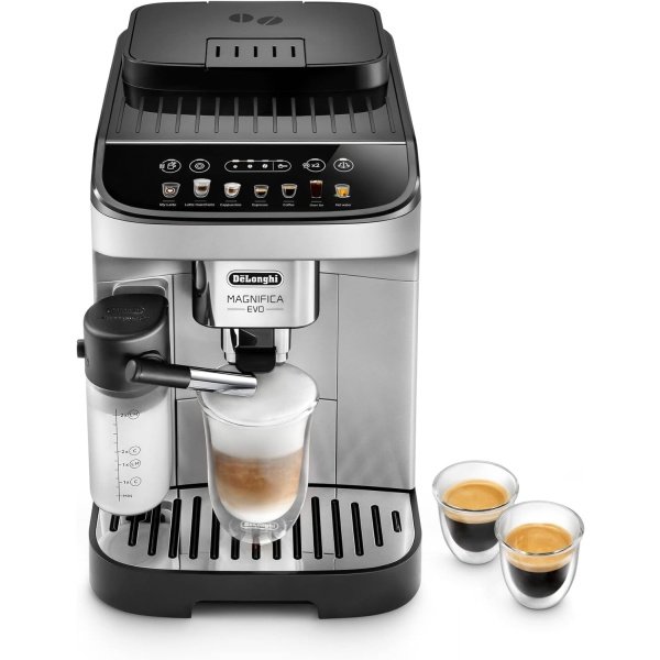 De'Longhi Magnifica Evo con sistema LatteCrema, máquina totalmente automática de café expreso de grano a taza y cafetera helada, pantalla táctil a color, negro, plateado
