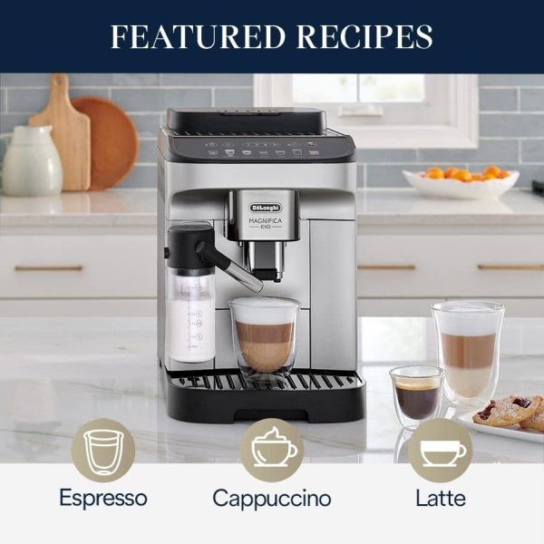 De'Longhi Magnifica Evo con sistema LatteCrema, máquina totalmente automática de café expreso de grano a taza y cafetera helada, pantalla táctil a color, negro, plateado - Image 3