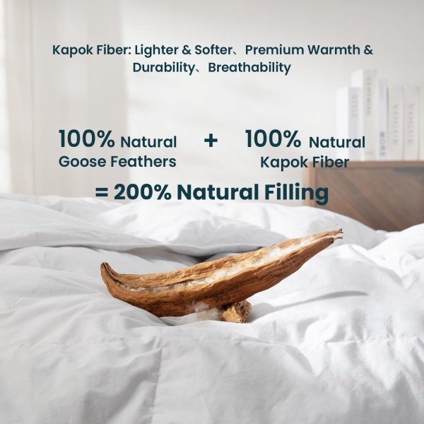 Edredón de plumas de ganso tamaño King – Funda ultrasuave 100% algodón, absorbe la humedad, relleno natural de Kapok, calor medio de 55 onzas, relleno de edredón esponjoso para todas las - Imagen 3