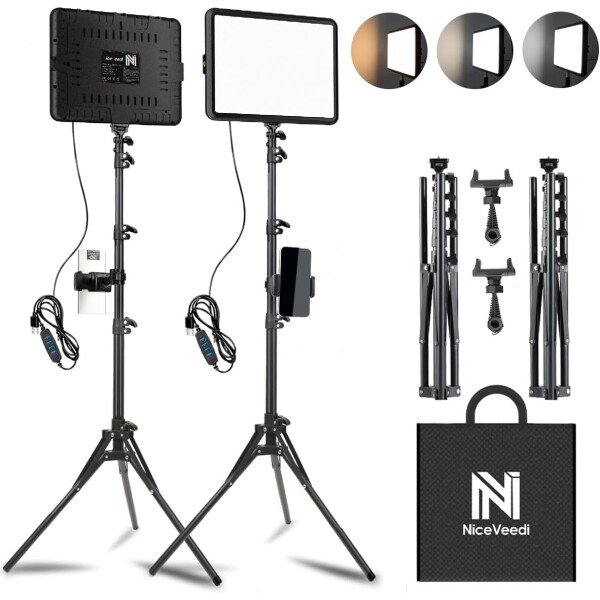 Paquete de 2 luces LED de video, luz NiceVeedi Studio, kit de iluminación regulable de 2800-6500K para fotografía con soporte de trípode y soporte para teléfono, luz de transmisión de 73 pulgadas para
