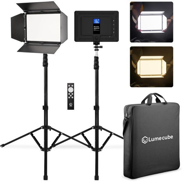 Lume Cube Kit de iluminación de 2 puntos para panel de estudio | Paneles de luz LED bicolor iluminados de borde 3200k - 5600k | Batería de litio recargable, color ajustable, brillo, soportes de 70