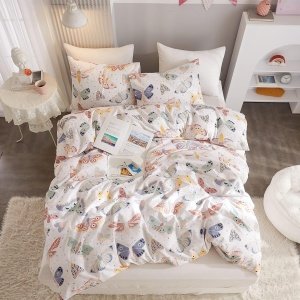 Ivellow Funda de edredón tamaño individual para niños, 100% algodón, diseño de mariposa, color blanco, juego de ropa de cama de 3 piezas, ultra suave, transpirable, con dibujos animados, para niños y