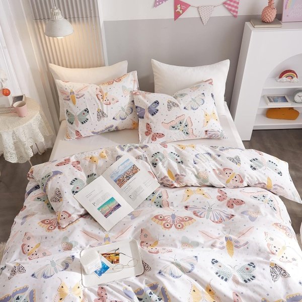Ivellow Funda de edredón tamaño individual para niños, 100% algodón, diseño de mariposa, color blanco, juego de ropa de cama de 3 piezas, ultra suave, transpirable, con dibujos animados, para niños y - Imagen 3