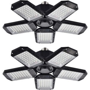 Paquete de 2 luces LED de garaje, luces LED de techo de garaje de 120 W deformables con 5 paneles ajustables, 12000 lm E26 luces LED de tienda para garaje, sótano, granero, luz de bahía alta