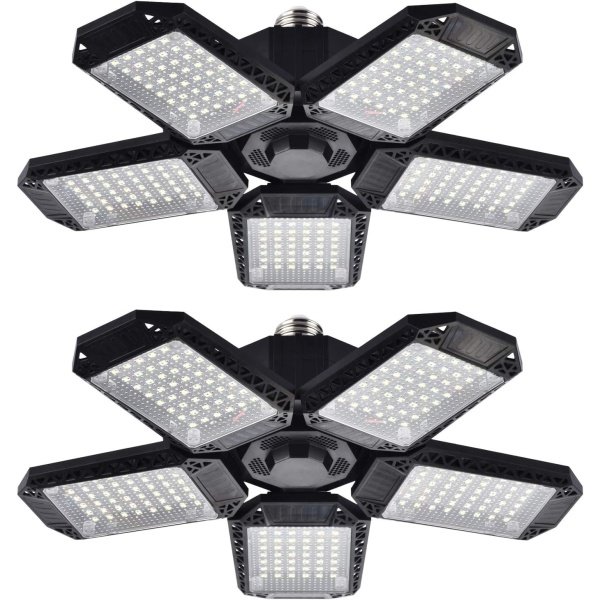Paquete de 2 luces LED de garaje, luces LED de techo de garaje de 120 W deformables con 5 paneles ajustables, 12000 lm E26 luces LED de tienda para garaje, sótano, granero, luz de bahía alta