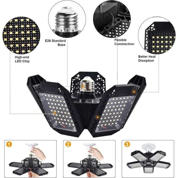 Paquete de 2 luces LED de garaje, luces LED de techo de garaje de 120 W deformables con 5 paneles ajustables, 12000 lm E26 luces LED de tienda para garaje, sótano, granero, luz de bahía alta - Image 2