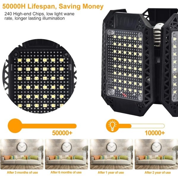 Paquete de 2 luces LED de garaje, luces LED de techo de garaje de 120 W deformables con 5 paneles ajustables, 12000 lm E26 luces LED de tienda para garaje, sótano, granero, luz de bahía alta - Image 3