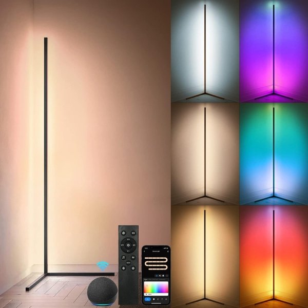 RGBWW - Lámpara de esquina que cambia de color para sala de estar, compatible con Alexa, Google Home, control remoto de aplicación WiFi, 2700k-6500k LED inteligente de 61 pulgadas de alto para