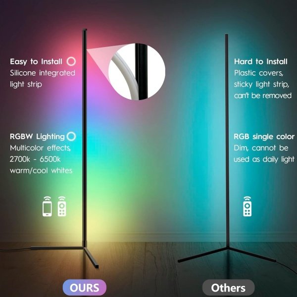 RGBWW - Lámpara de esquina que cambia de color para sala de estar, compatible con Alexa, Google Home, control remoto de aplicación WiFi, 2700k-6500k LED inteligente de 61 pulgadas de alto para - Image 2