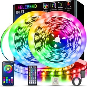 Luces LED RGB de 100 pies (2 rollos de 50 pies), sincronización de música, cambio de color, con control remoto y aplicación, Bluetooth, para habitación, hogar, cocina, decoración de fiesta