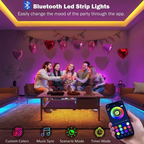 Luces LED RGB de 100 pies (2 rollos de 50 pies), sincronización de música, cambio de color, con control remoto y aplicación, Bluetooth, para habitación, hogar, cocina, decoración de fiesta - Imagen 2