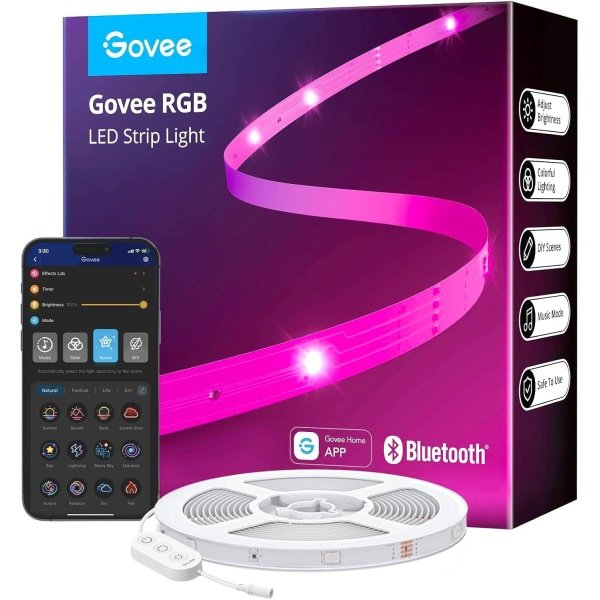Govee Tira de luces LED de 100 pies, luces LED RGB Bluetooth con control de aplicación, 64 escenas y sincronización de música, tira de iluminación LED para dormitorio, sala de estar, cocina, fiesta,