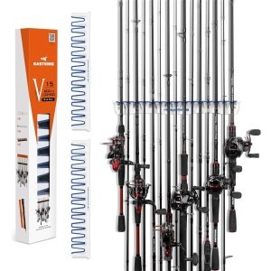 KastKing - Soporte para cañas de pescar vertical patentado V15, estante montado en la pared, almacena 15 cañas o combinaciones de caña y carrete en 17.25 pulgadas