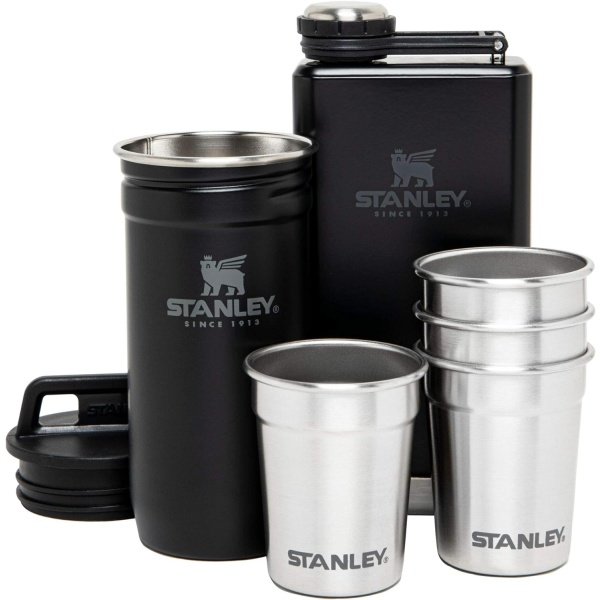 Stanley Juego de regalo de vaso de chupito y frasco de acero inoxidable, paquete de aventura al aire libre con 4 vasos de chupito de metal, frasco de whisky de 8 onzas y estuche de transporte de