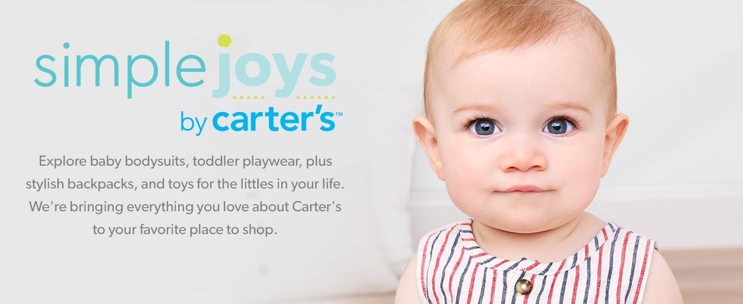 Simple Joys by Carter's logo and description showing a picture of a baby girl in a stripe romper