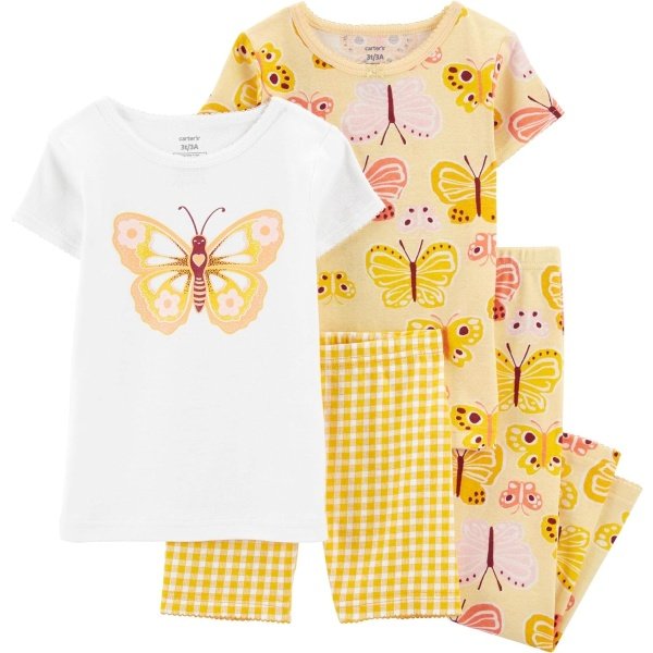 Carter's Conjunto de pijama de algodón de 4 piezas para niñas pequeñas (amarillo/mariposa, 4T), Amarillo