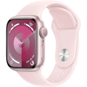 Apple Reloj inteligente de la serie 9 [GPS 1.614 in] con caja de aluminio rosa con correa deportiva rosa claro S/M. rastreador de fitness, aplicaciones de ECG, pantalla de retina siempre encendida,