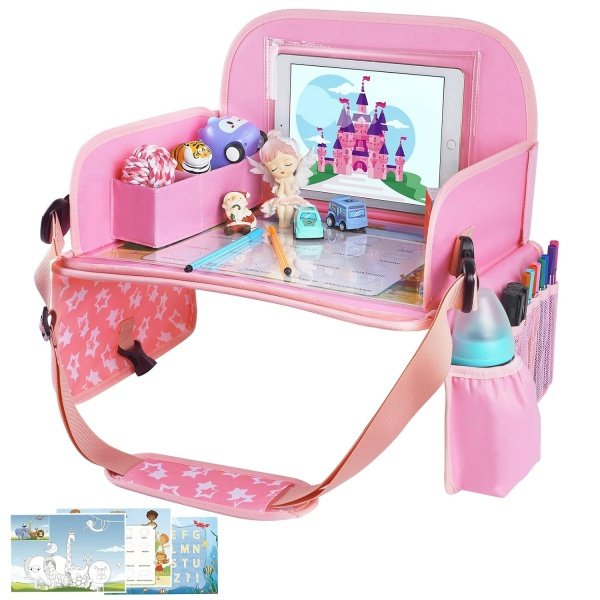 Bandeja de viaje para niños para asiento de automóvil pequeño, bandeja de regazo para actividades de niña con tablero de borrado en seco y soporte para tazas refrigerador, accesorios