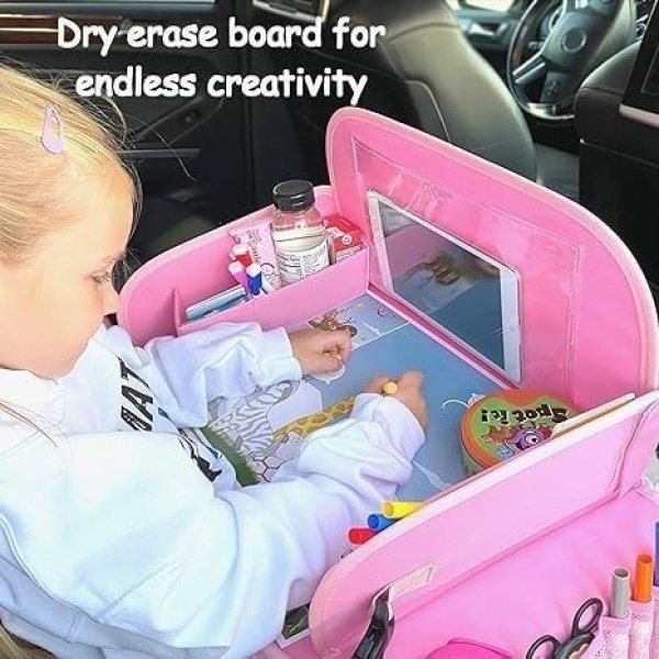 Bandeja de viaje para niños para asiento de automóvil pequeño, bandeja de regazo para actividades de niña con tablero de borrado en seco y soporte para tazas refrigerador, accesorios - Image 2