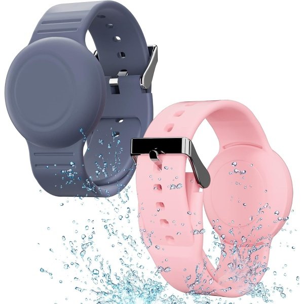 Pulsera de AirTag impermeable para niños (paquete de 2), pulsera oculta de silicona suave, rastreador GPS ligero compatible con Apple AirTag Watch Band para niños (gris, azul y rosa)