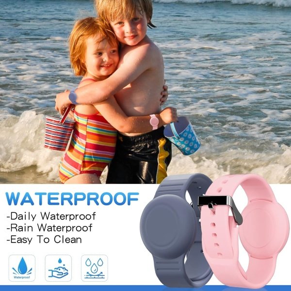 Pulsera de AirTag impermeable para niños (paquete de 2), pulsera oculta de silicona suave, rastreador GPS ligero compatible con Apple AirTag Watch Band para niños (gris, azul y rosa) - Image 2
