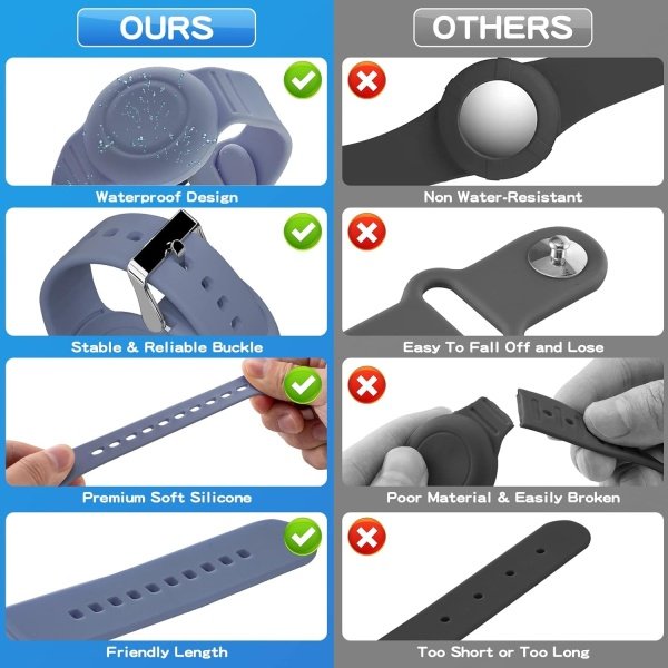 Pulsera de AirTag impermeable para niños (paquete de 2), pulsera oculta de silicona suave, rastreador GPS ligero compatible con Apple AirTag Watch Band para niños (gris, azul y rosa) - Image 3
