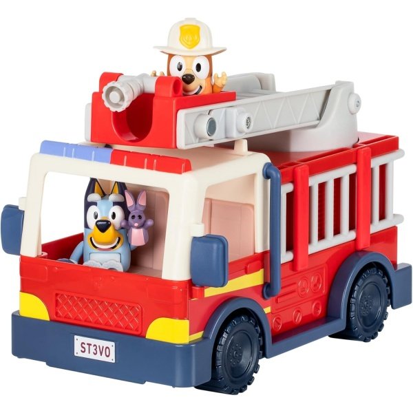 BLUEY Camión de bomberos | Camión de bomberos, exclusivo bingo de bomberos y figuras de Bob Bilby | Levanta la escalera, gírala y despliega la manguera | Incluye hoja de calcomanías0