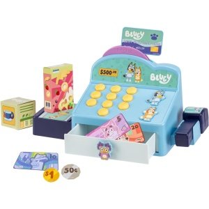 BLUEY Caja registradora. Pulsa los botones para escuchar pitidos, sonidos y frases de y bingo | Usa el escáner para escanear paquetes y fingir ejecutar una tienda | Incluye tarjeta de crédito de