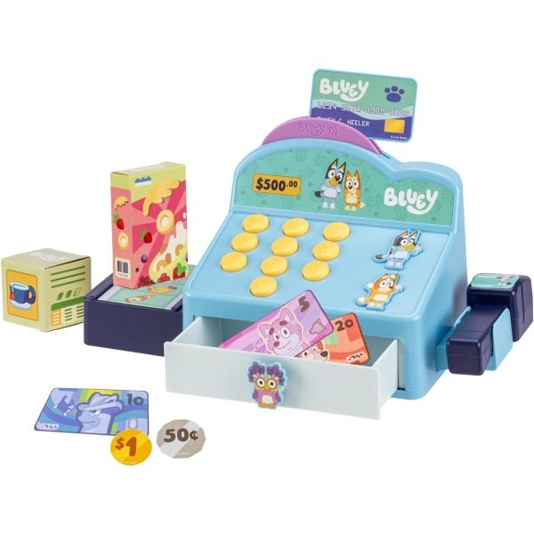 BLUEY Caja registradora. Pulsa los botones para escuchar pitidos, sonidos y frases de y bingo | Usa el escáner para escanear paquetes y fingir ejecutar una tienda | Incluye tarjeta de crédito de