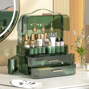 LINFIDITE Caja de almacenamiento de cosméticos con tapa transparente, organizador de maquillaje grande, cajón portátil, impermeable, a prueba de polvo, cuidado de la piel, vitrinas para encimera,