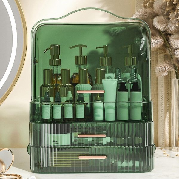 LINFIDITE Caja de almacenamiento de cosméticos con tapa transparente, organizador de maquillaje grande, cajón portátil, impermeable, a prueba de polvo, cuidado de la piel, vitrinas para encimera, - Image 2