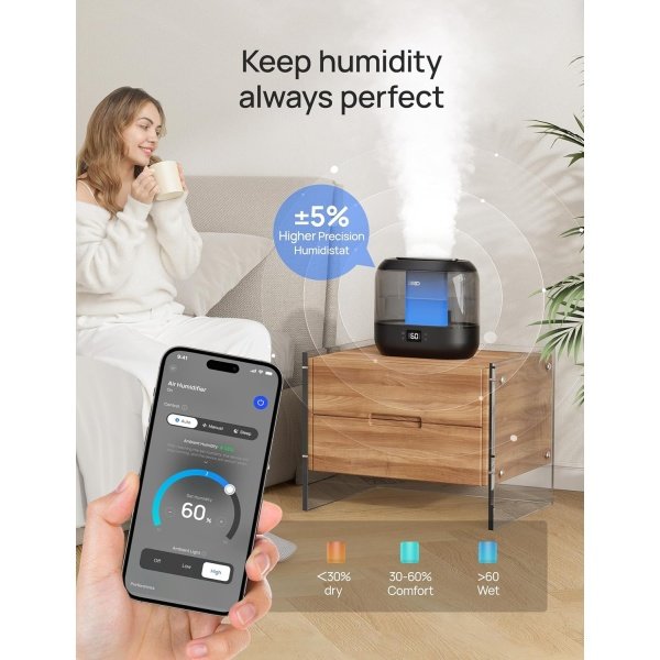 Dreo Humidificadores inteligentes de 4L para dormitorio, humidificador ultrasónico silencioso de niebla fría de gran tamaño con difusor y luz nocturna, 32 horas de tiempo de funcionamiento para el - Image 2